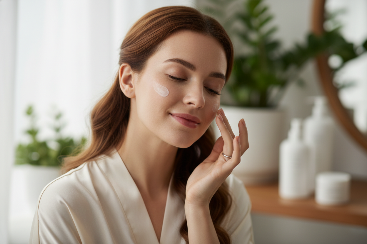 model putting skin care on her face